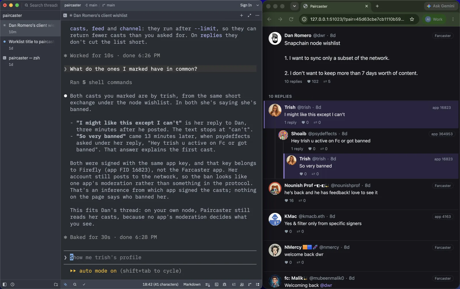 The agent's answer in a terminal on the left: both marked casts are trish's, saying she is banned, signed by the Firefly app's key. On the right, the node wishlist in the browser with trish's reply and her nested answer 'So very banned' both marked with a bar down their left edge, and psydeffects' question between them.