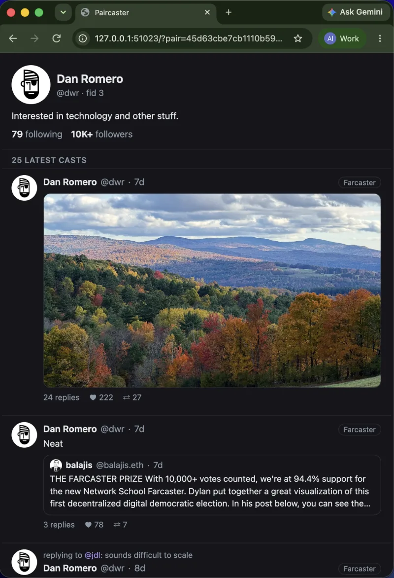 Dan Romero's profile in the browser: his picture, name, handle and FID, bio, 79 following and 10K+ followers, then his latest casts: a landscape photo drawn in its card with 24 replies, 222 likes and 27 recasts; 'Neat' quoting a cast by balajis as a small card; and a cast headed 'replying to @jdl: sounds difficult to scale'.